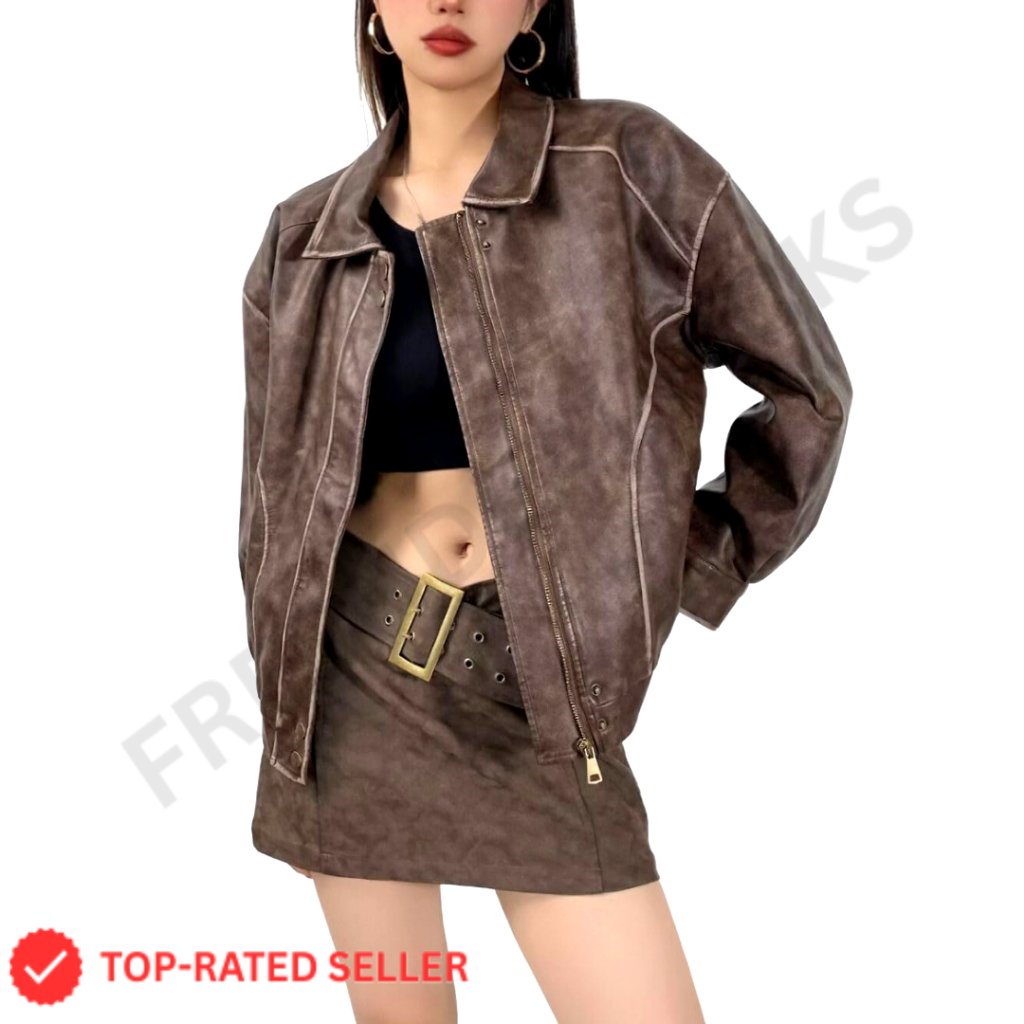 Distressed Faux Leather Bomber Jacket Oversized Motorcycle Style